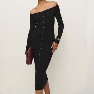 Elegant Black Off-Shoulder Button-Down Dress